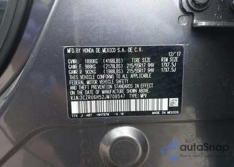 2018 Honda Hr-V Ex z USA, uszkodzony, nr VIN 3CZRU6H52JM708547